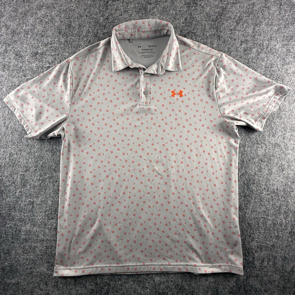 Under Armour Playoff Polo Mens Large Gray Red Print Golf Stretch Shirt